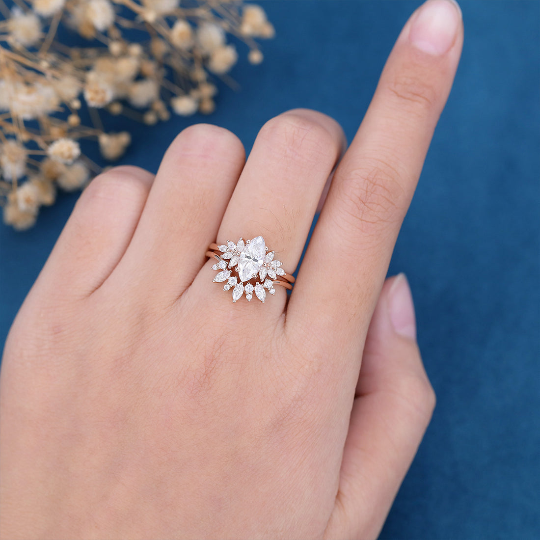 1 Carat Vintage Marquise cut Moissanite Cluster Engagement Ring Set