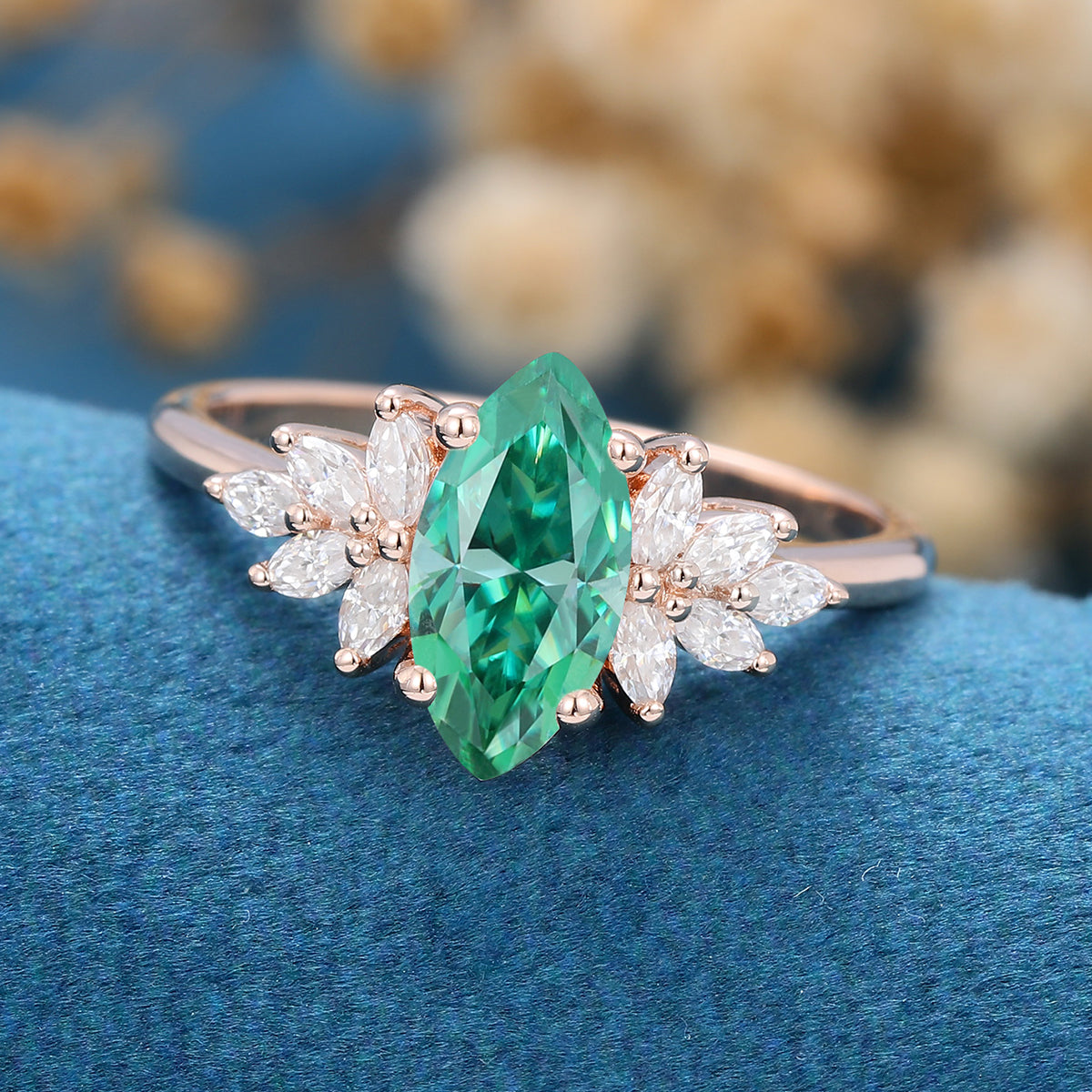 1 Carat Vintage Marquise cut Green Moissanite Cluster Engagement Ring for Women