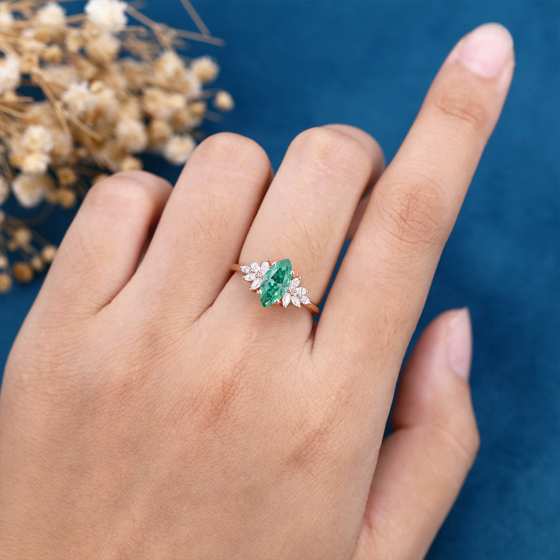 1 Carat Vintage Marquise cut Green Moissanite Cluster Engagement Ring for Women