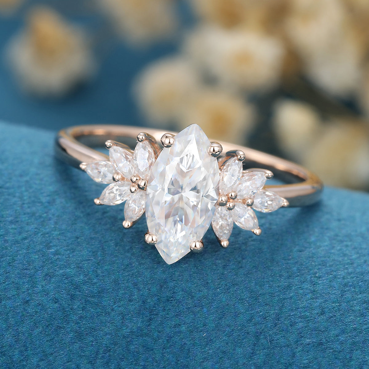 Marquise cut Moissanite Cluster Engagement ring