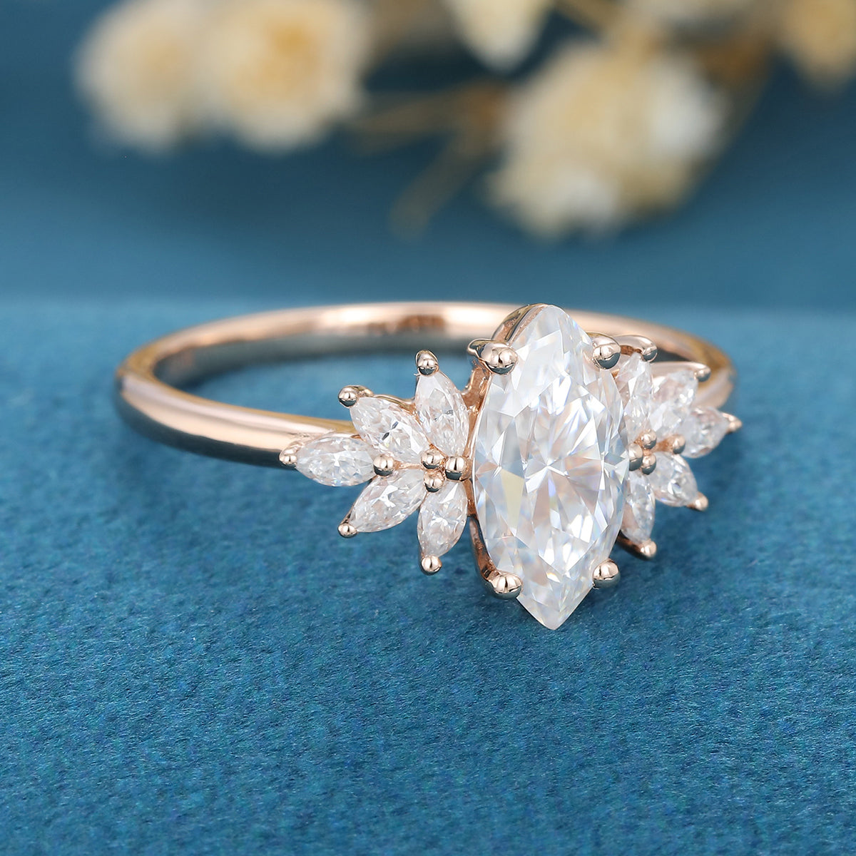 Marquise cut Moissanite Cluster Engagement ring