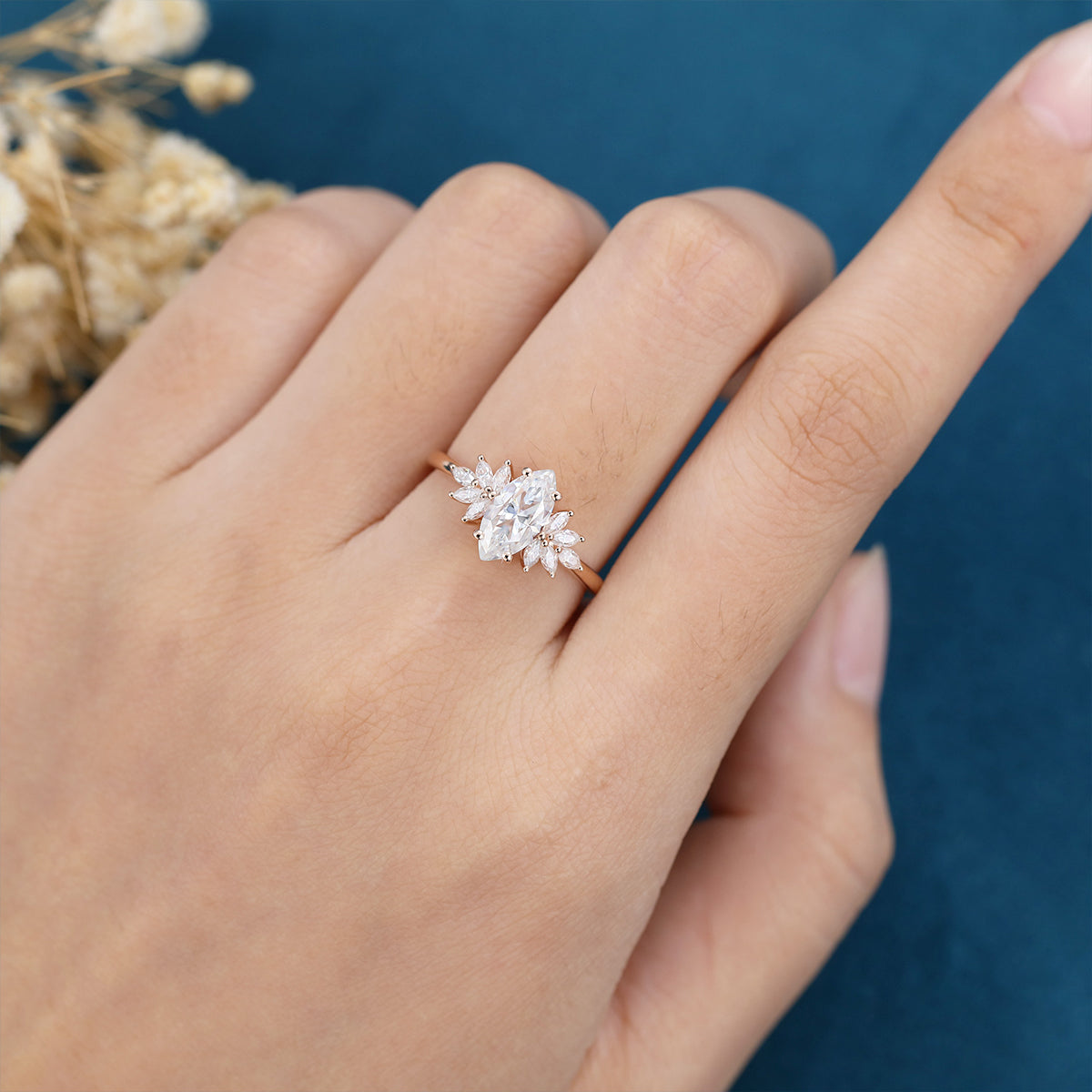 Marquise cut Moissanite Cluster Engagement ring