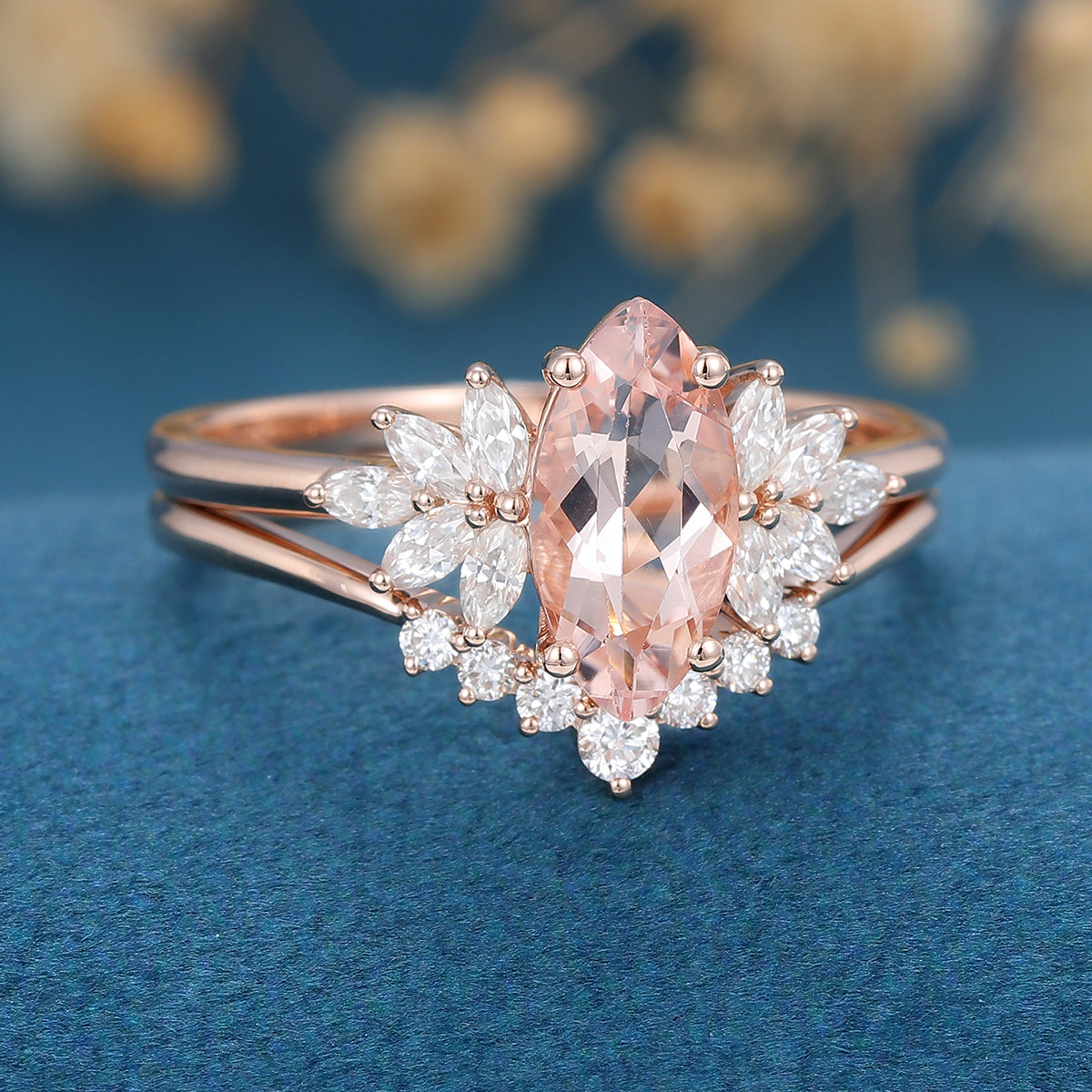 Marquise cut Morganite Cluster Engagement ring Bridal Set