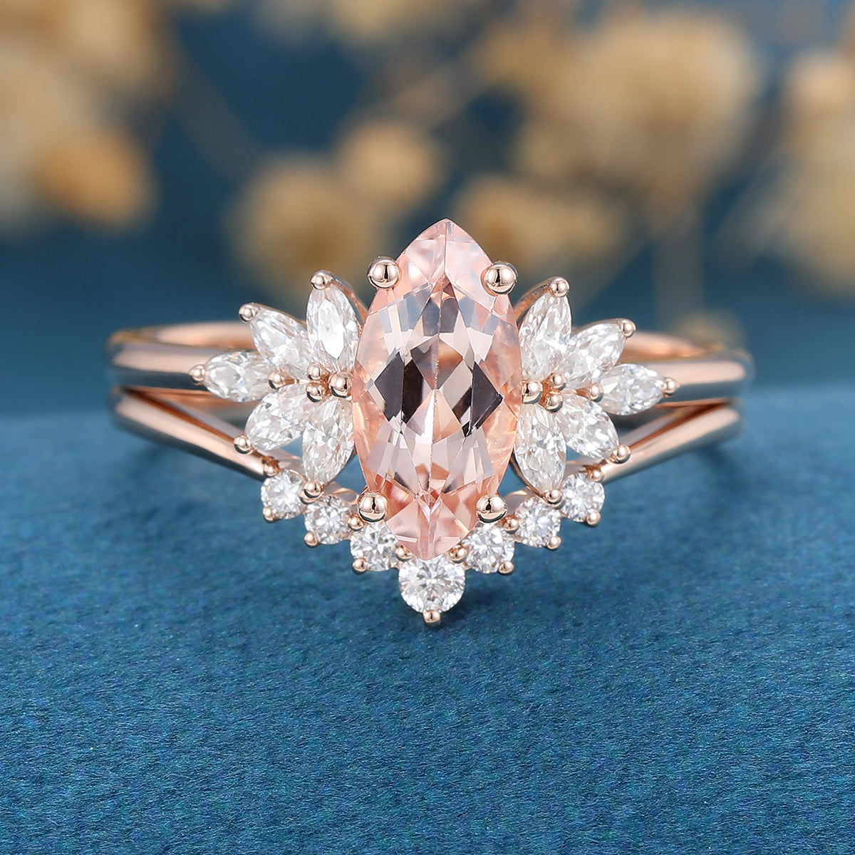 Marquise cut Morganite Cluster Engagement ring Bridal Set