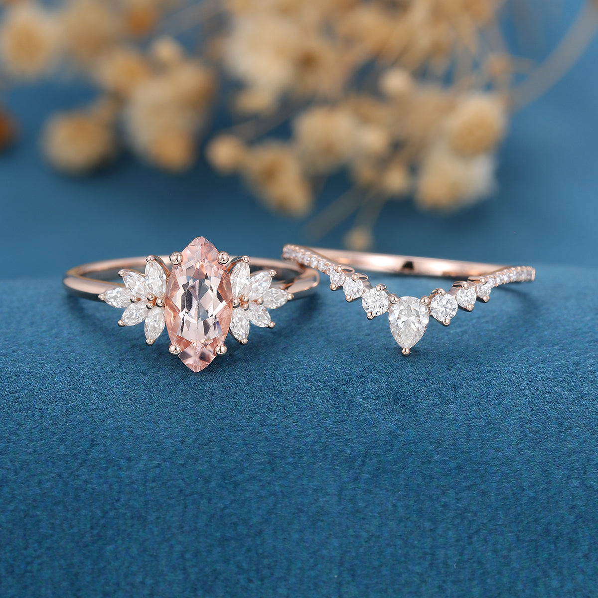 Marquise cut Morganite Cluster Engagement ring Bridal Set for Women
