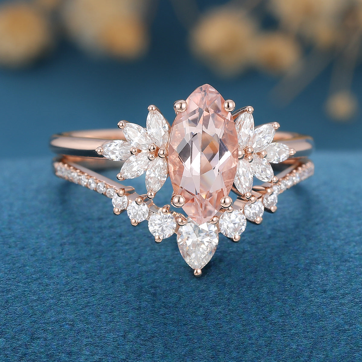 Marquise cut Morganite Cluster Engagement ring Bridal Set for Women