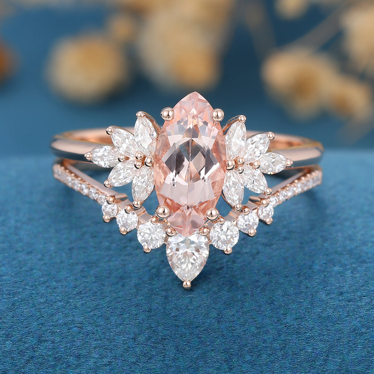 Marquise cut Morganite Cluster Engagement ring Bridal Set for Women
