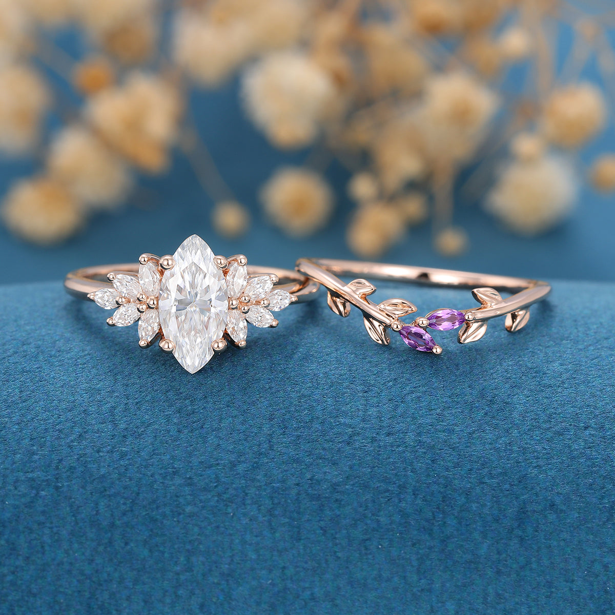 Marquise cut Moissanite Cluster Engagement ring Bridal Set