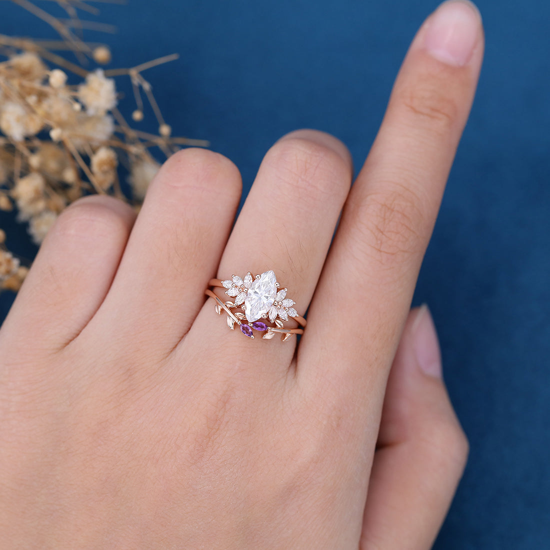 1.0Carat Marquise cut Moissanite Cluster Engagement ring Bridal Set