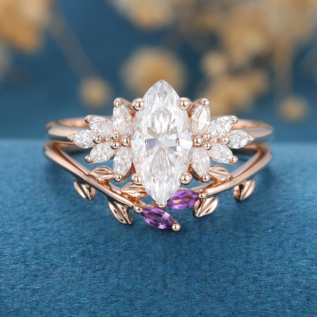 Marquise cut Moissanite Cluster Engagement ring Bridal Set