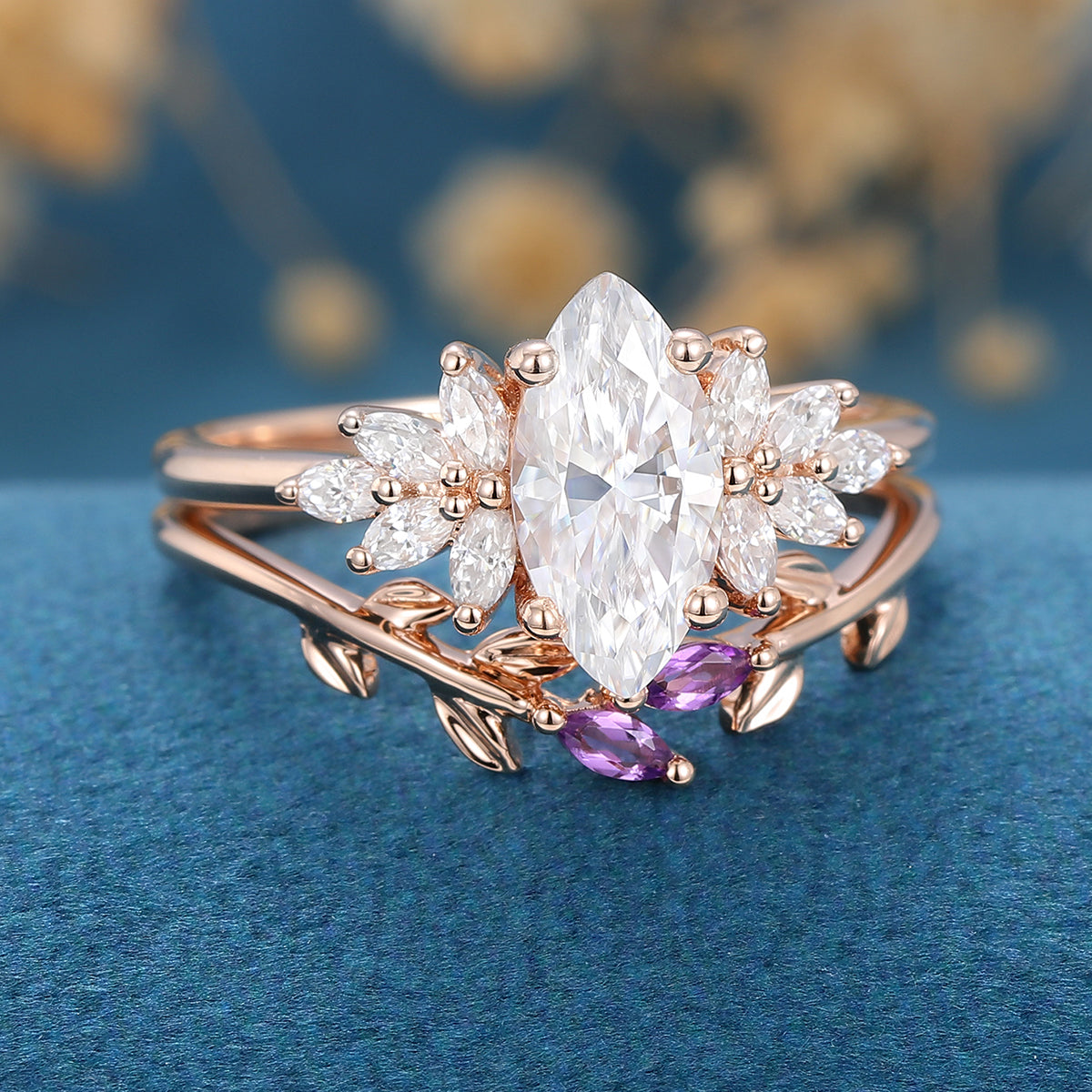 Marquise cut Moissanite Cluster Engagement ring Bridal Set