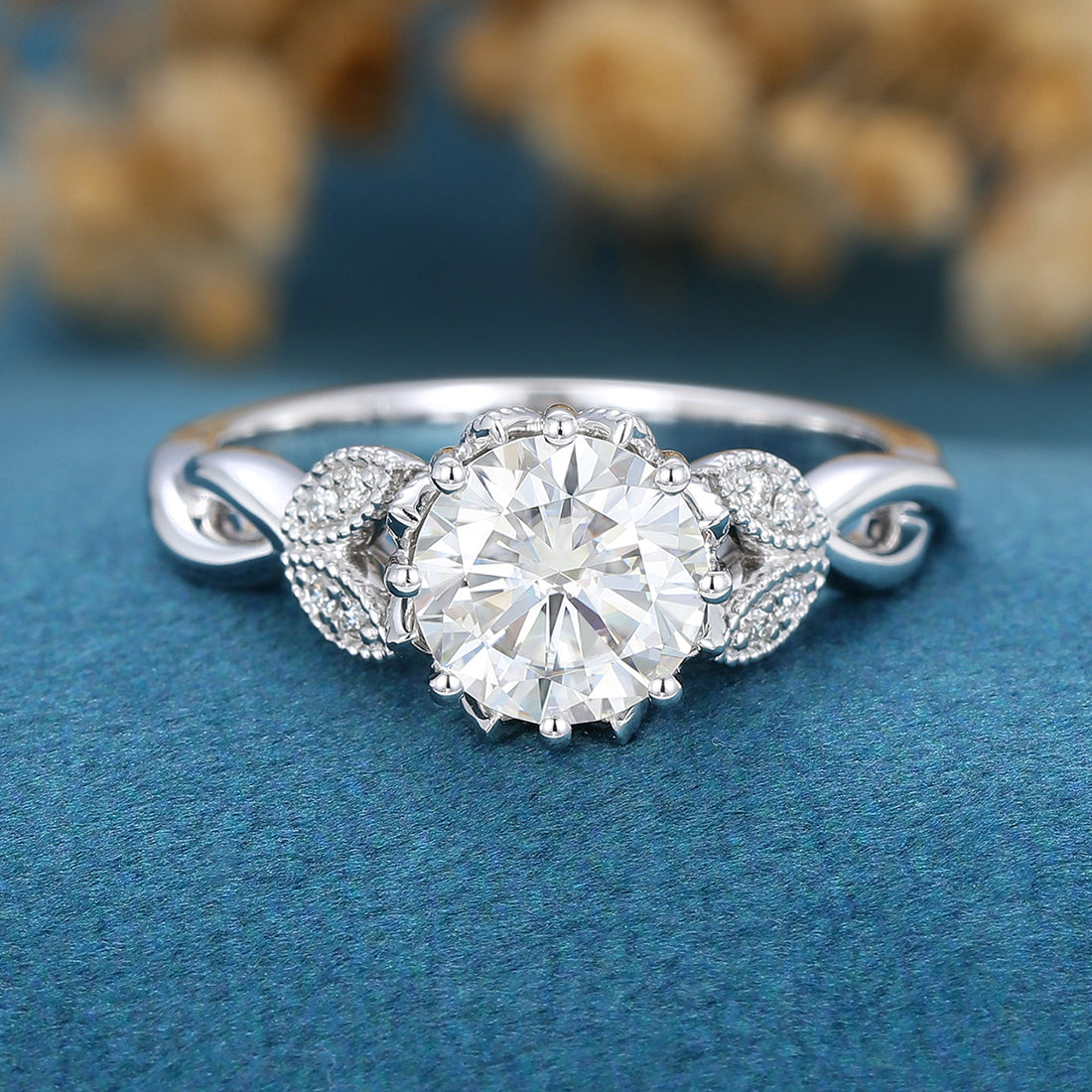 1.2Carat Round cut Moissanite Flower Engagement Ring