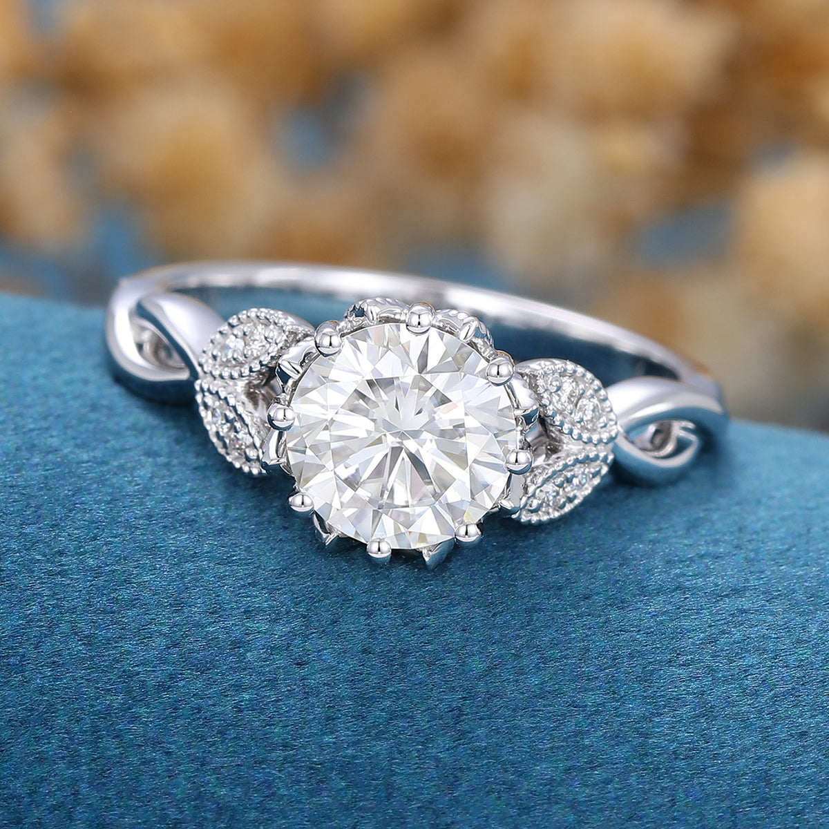 Round cut Moissanite Flower Engagement Ring
