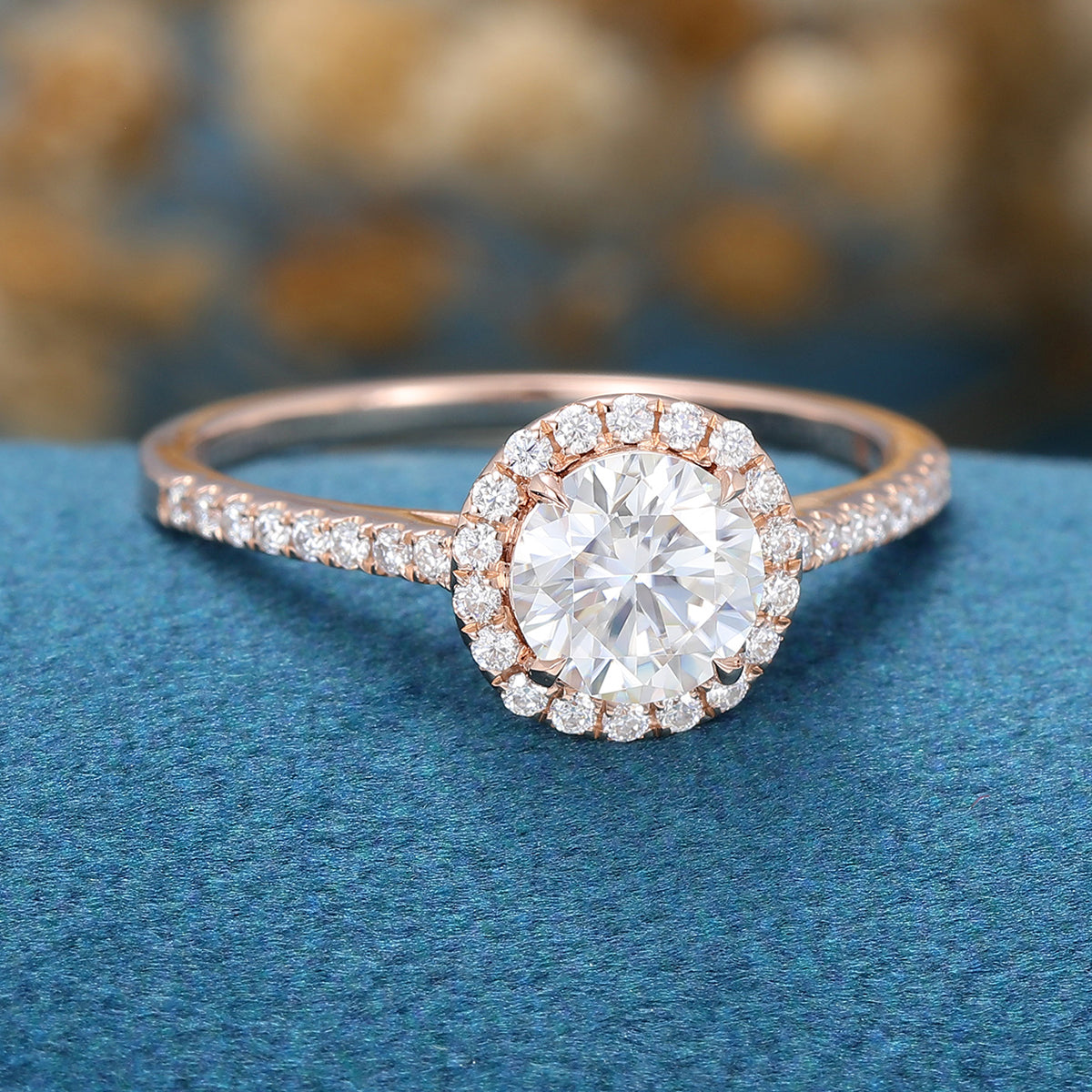 Round cut Halo Moissanite Half Eternity Engagement Ring