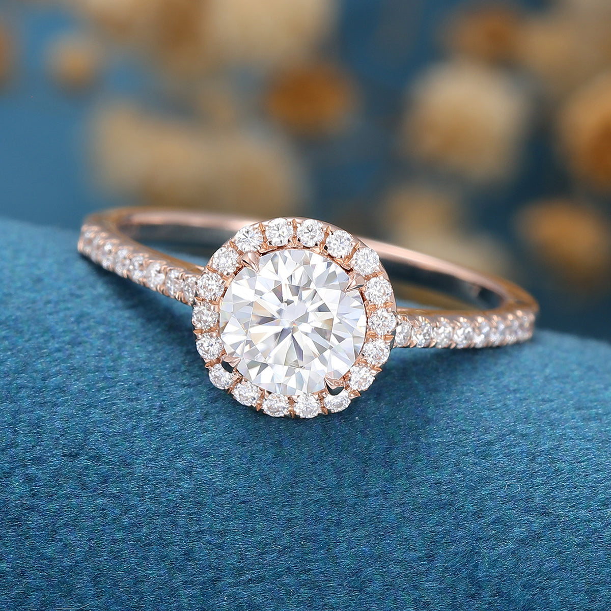 Round cut Halo Moissanite Half Eternity Engagement Ring