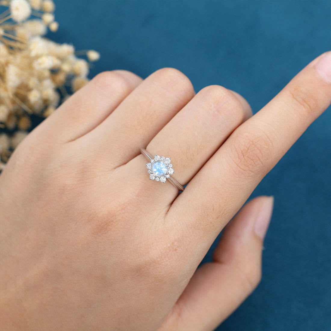 5mm Round cut Moonstone Flower Halo Engagement ring
