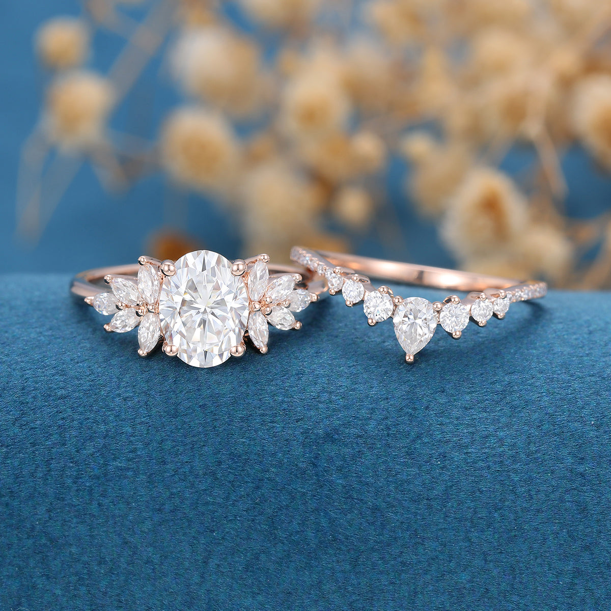 1.5 Carat Vintage Oval cut Moissanite Cluster Engagement ring Bridal Set