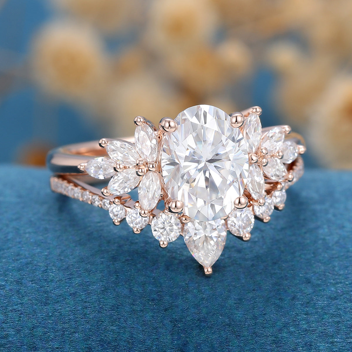 1.5 Carat Vintage Oval cut Moissanite Cluster Engagement ring Bridal Set