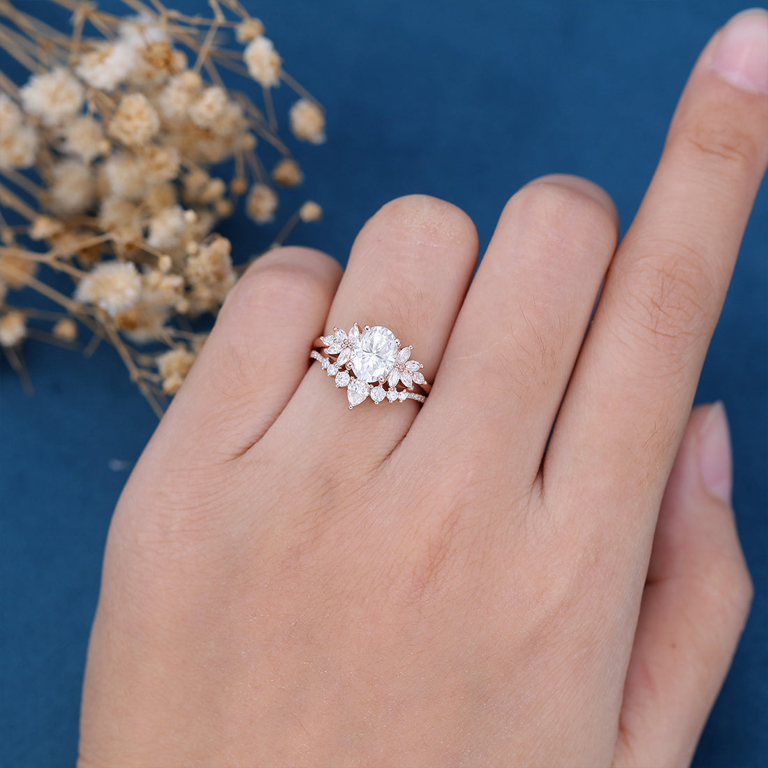 1.5 Carat Vintage Oval cut Moissanite Cluster Engagement ring Bridal Set