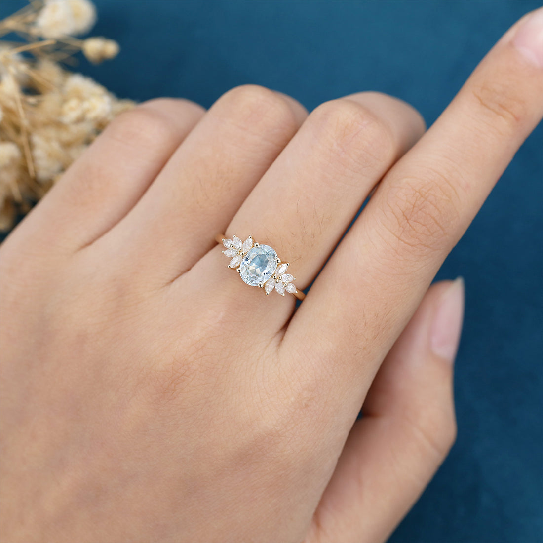 Oval cut Aquamarine Cluster Engagement ring