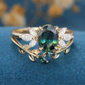 Oval cut Blue-Green Sapphire Engagement ring Bridal Set