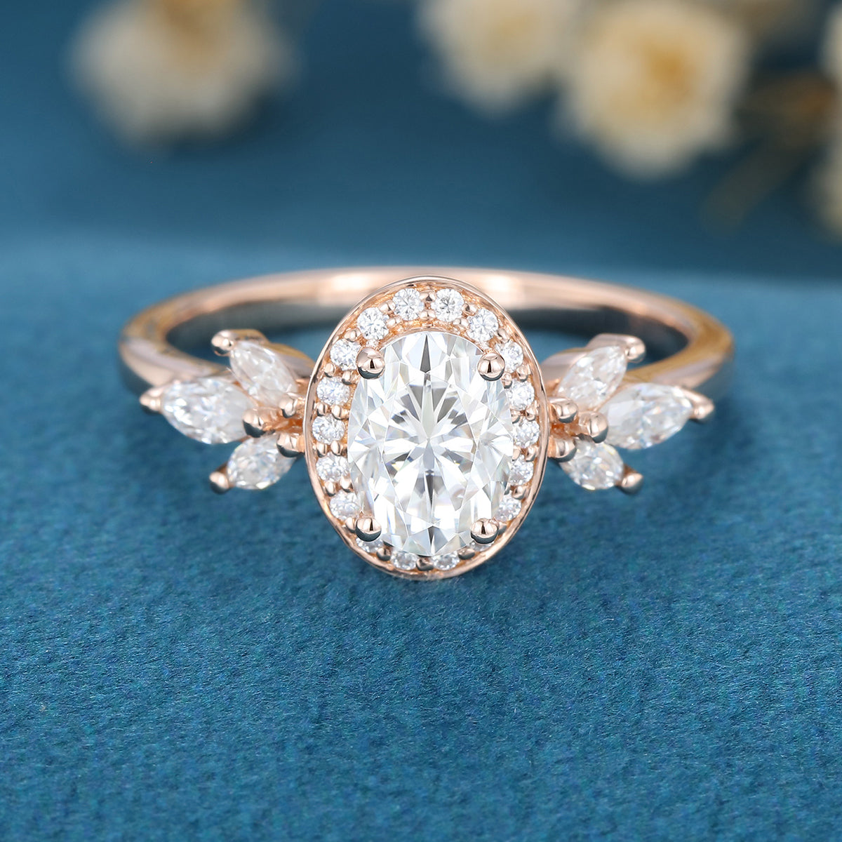 Oval cut Moissanite Halo Engagement ring