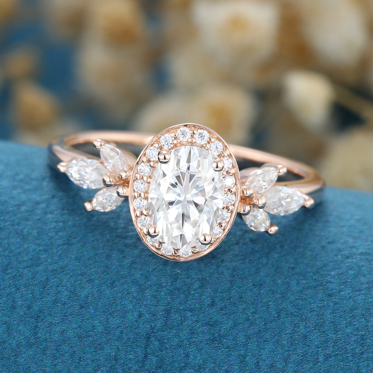 Oval cut Moissanite Halo Engagement ring
