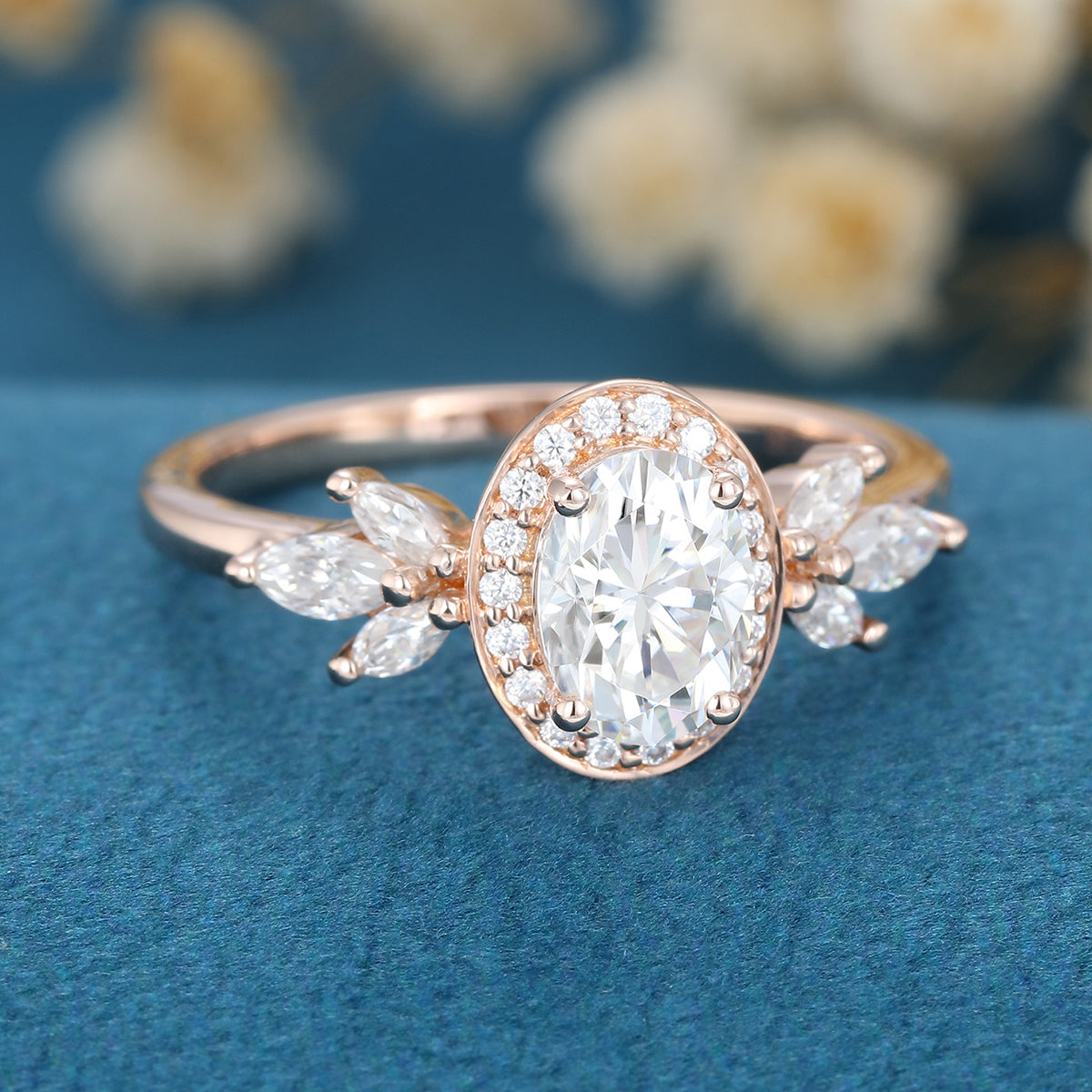 Oval cut Moissanite Halo Engagement ring