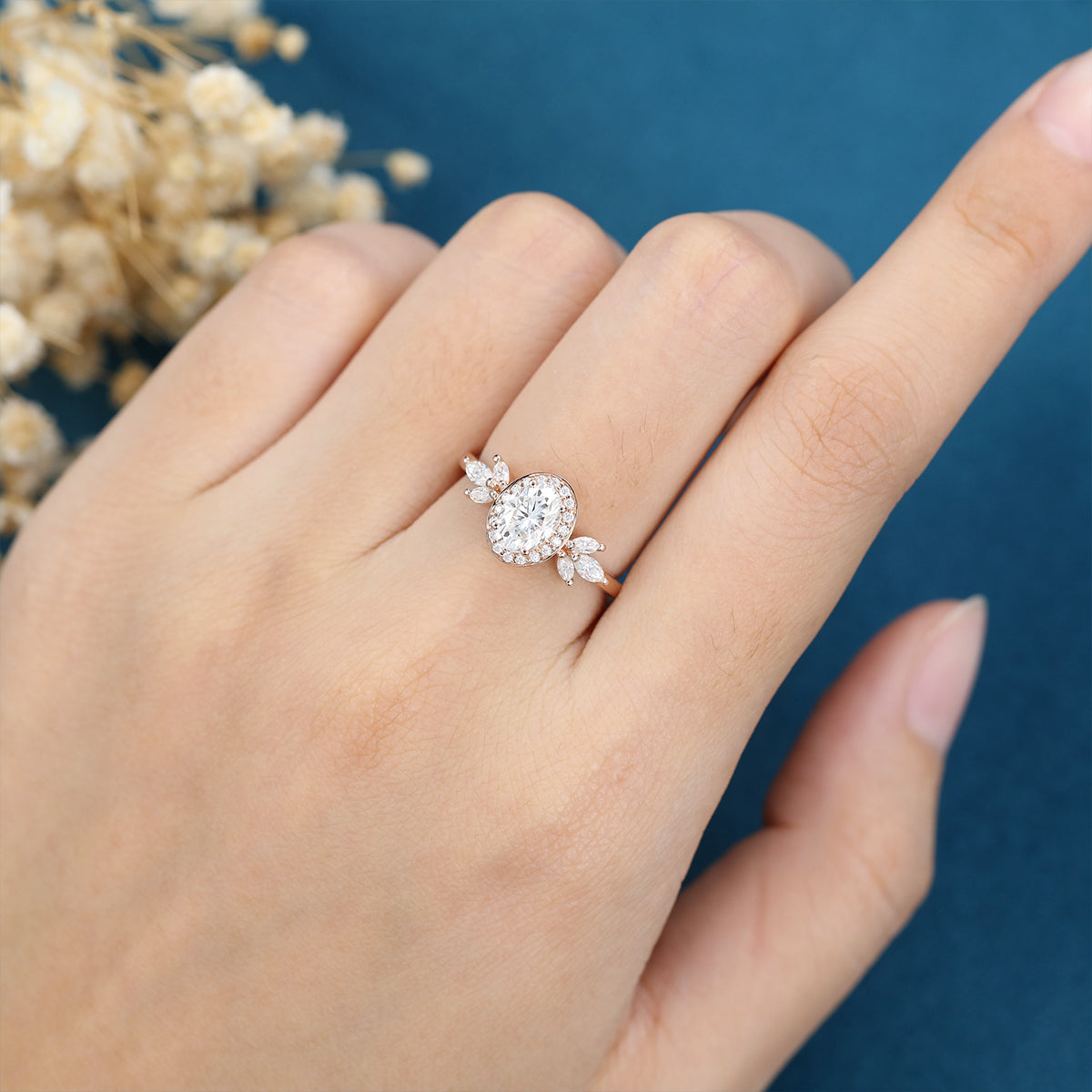 Oval cut Moissanite Halo Engagement ring