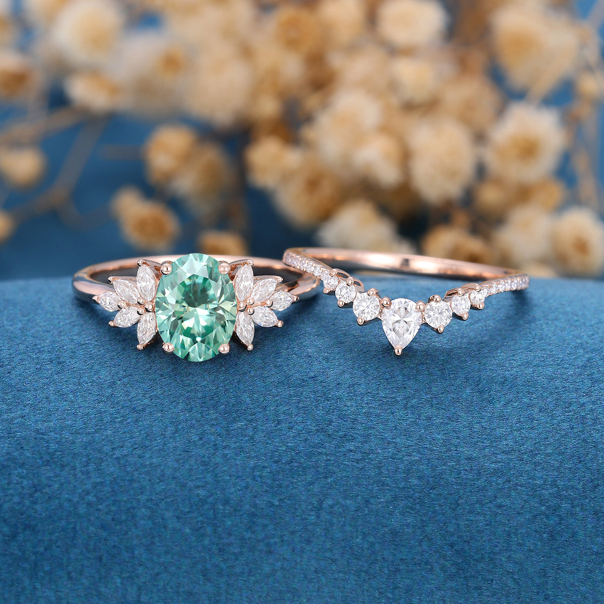 Oval cut Green Moissanite Engagement ring Bridal Set