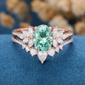 Oval cut Green Moissanite Engagement ring Bridal Set