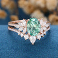Oval cut Green Moissanite Engagement ring Bridal Set