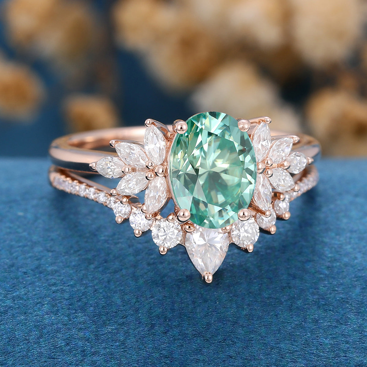 Oval cut Green Moissanite Engagement ring Bridal Set
