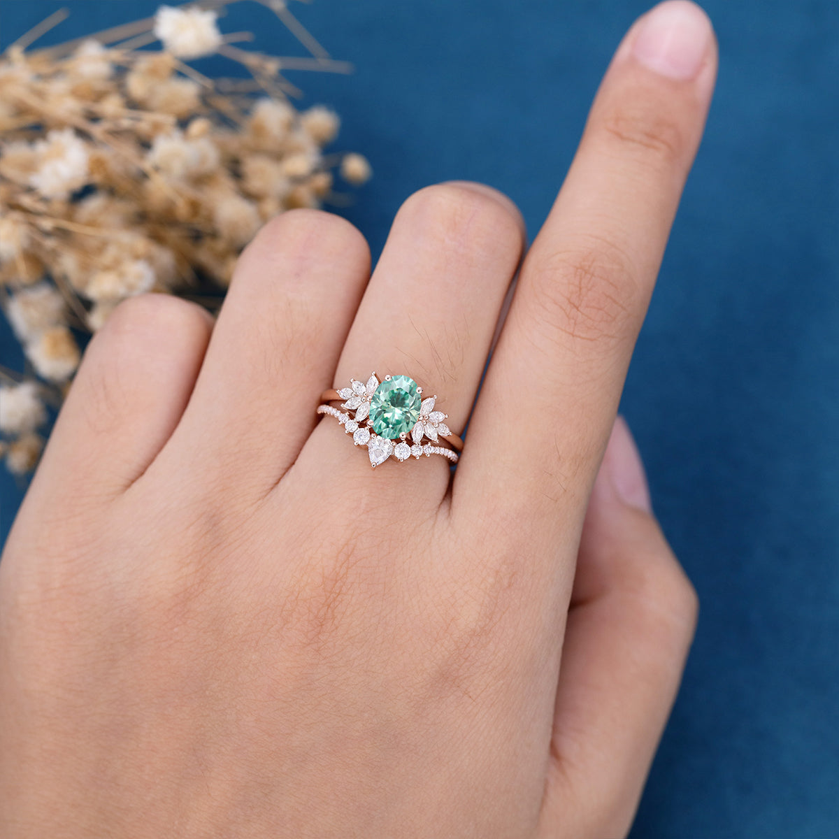 Oval cut Green Moissanite Engagement ring Bridal Set
