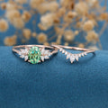Oval cut Green Moissanite Cluster Engagement ring Bridal Set