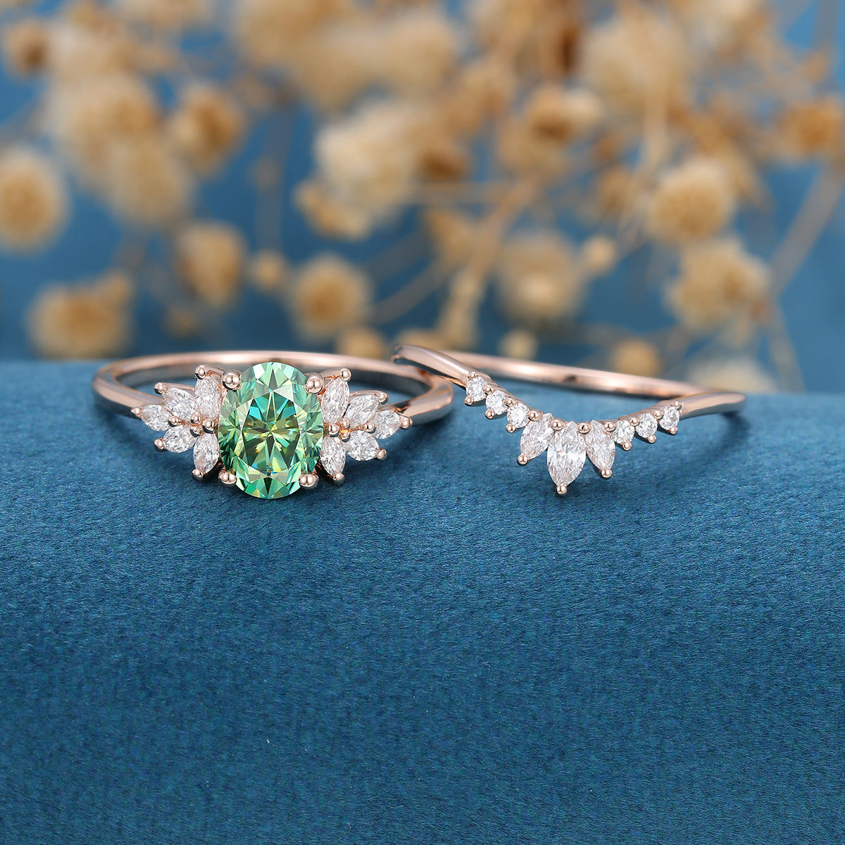 Oval cut Green Moissanite Cluster Engagement ring Bridal Set
