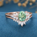 Oval cut Green Moissanite Cluster Engagement ring Bridal Set