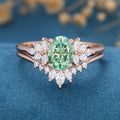 Oval cut Green Moissanite Cluster Engagement ring Bridal Set