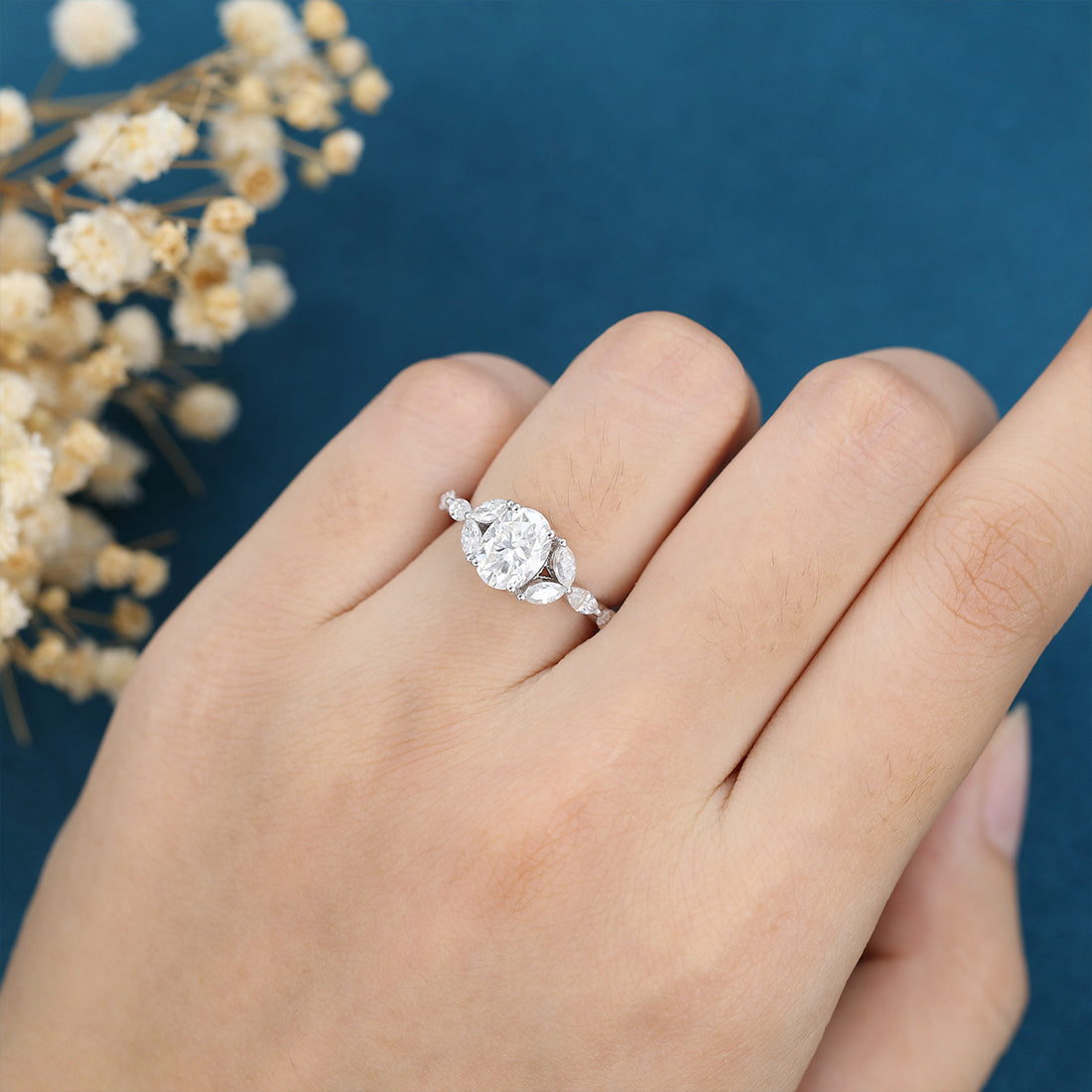 Oval cut Moissanite Cluster Engagement ring