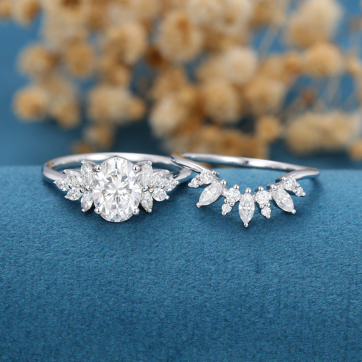 Oval cut Moissanite Cluster Engagement ring Bridal Set