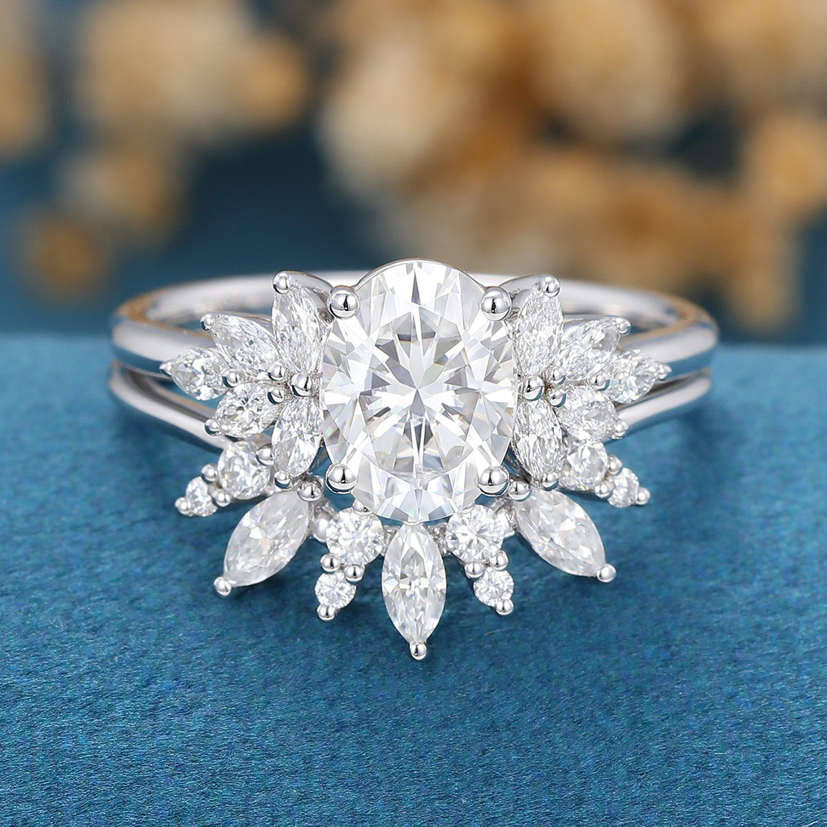 Oval cut Moissanite Cluster Engagement ring Bridal Set