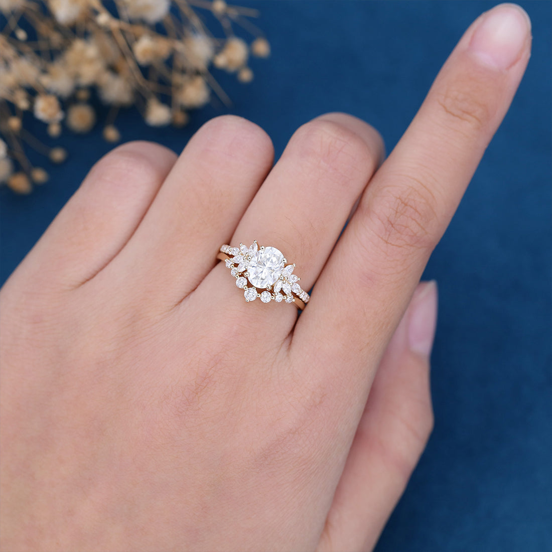 1.5 Carat Oval cut Moissanite Cluster Engagement Ring Set