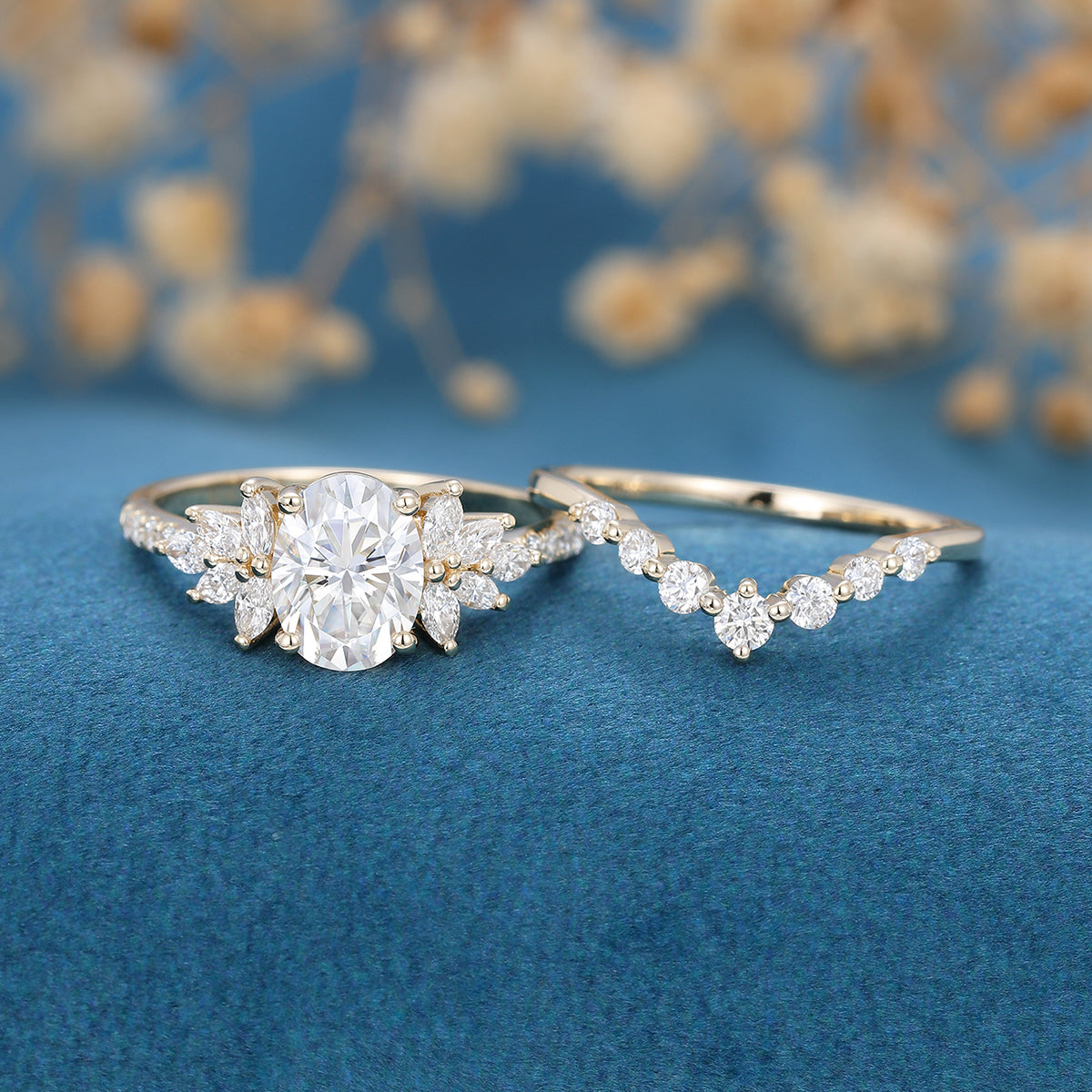 1.5 Carat Oval cut Moissanite Cluster Engagement Ring Set