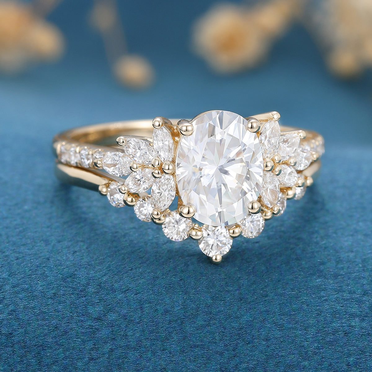 1.5 Carat Oval cut Moissanite Cluster Engagement Ring Set