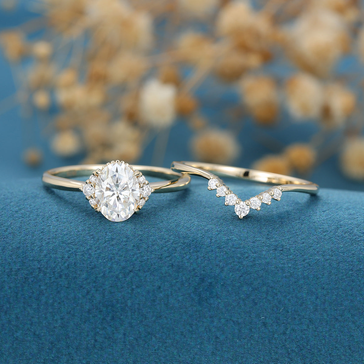 1.5 Carat Oval cut Moissanite Engagement ring Bridal Set
