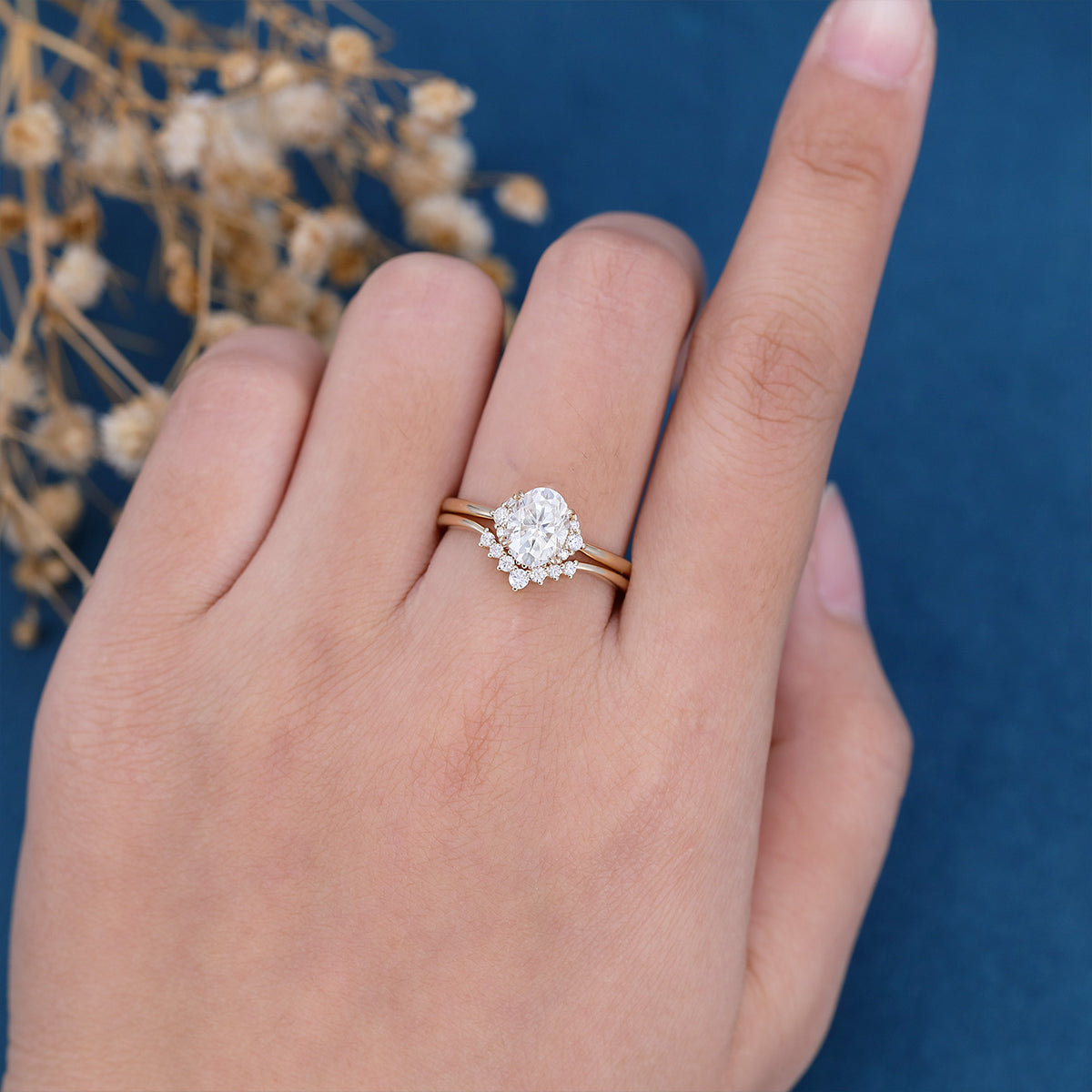 1.5 Carat Oval cut Moissanite Engagement ring Bridal Set
