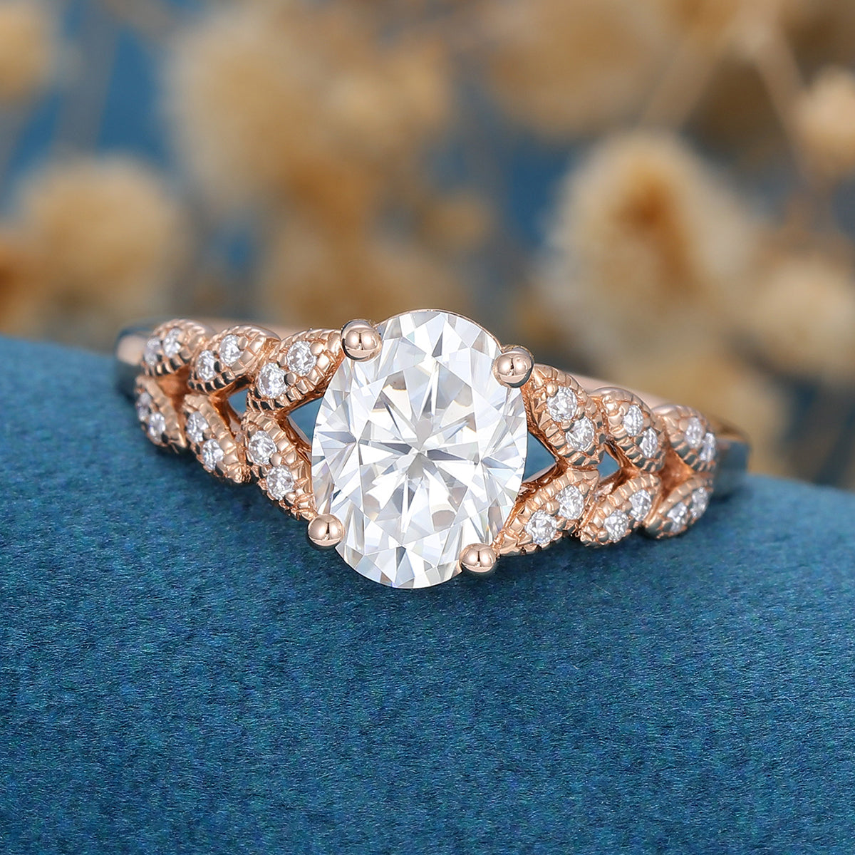 Oval Moissanite  Art deco Engagement ring Bridal Set