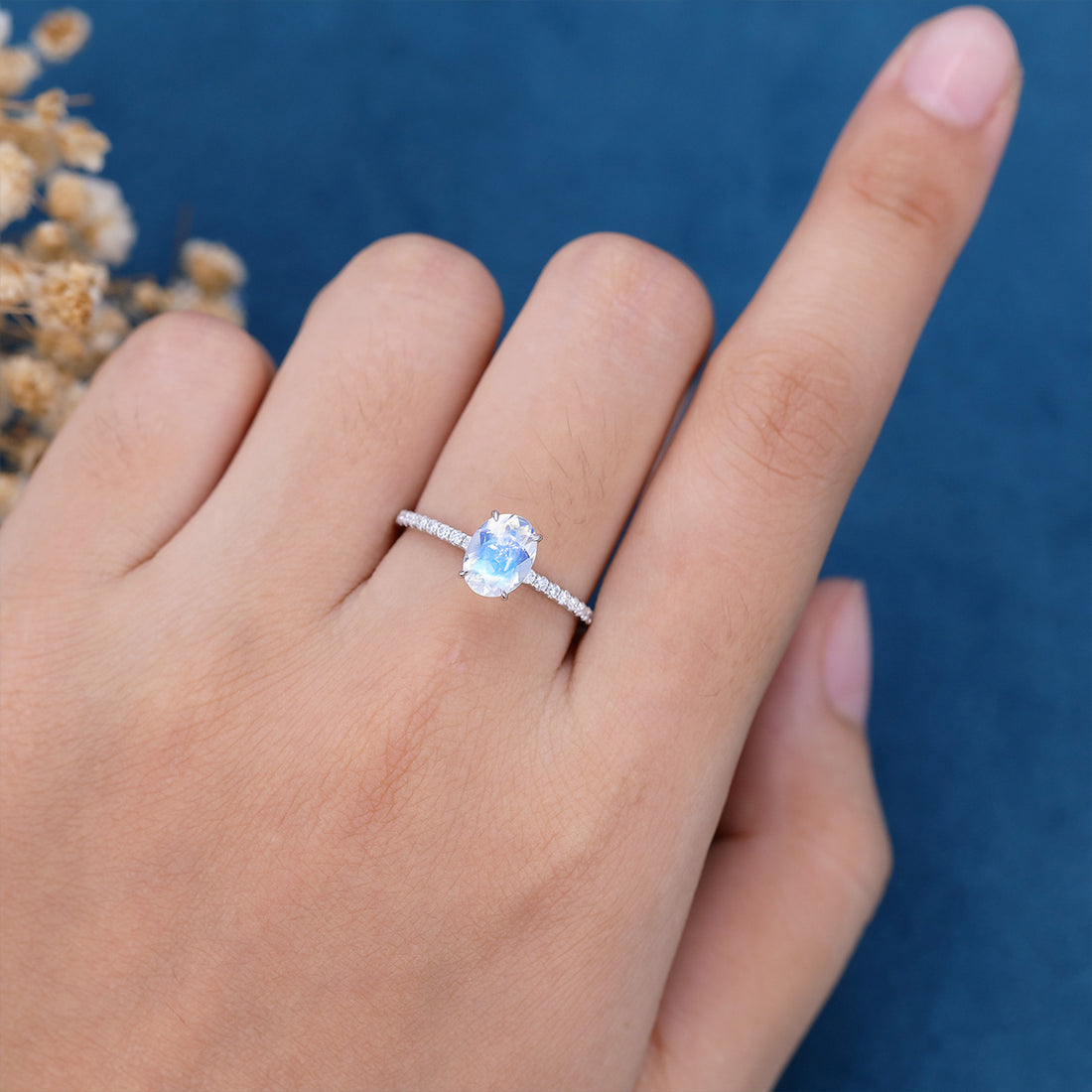 Oval cut Moonstone Half eternity Engagement Ring
