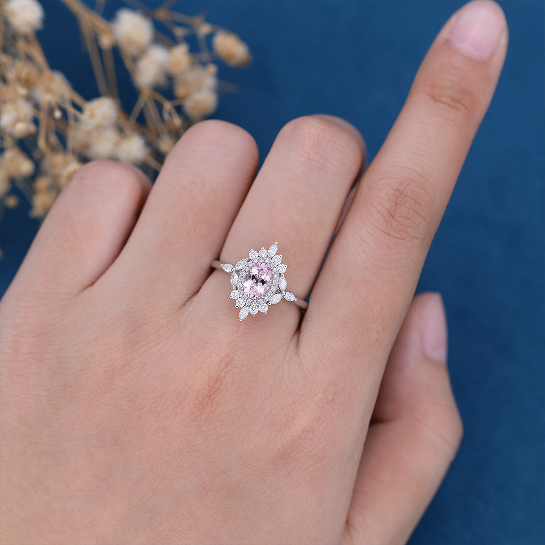 1.0Carat Oval cut Morganite Halo | Cluster Engagement ring