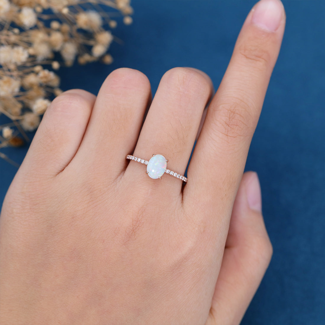 Oval Opal pave band half eternity Engagement ring